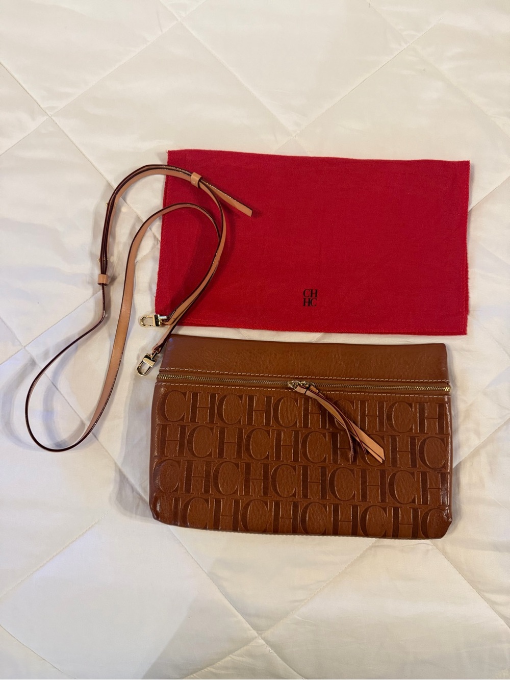 Carolina Herrera INRO Medium Clutch Tan Monogram Leather Crossbody Pouch